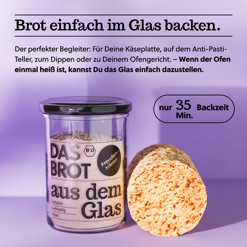Brotbackmischung "Das Brot aus dem Glas" mit Zwiebel-Geschmack. Ideale Begleitung für Käseplatten und Ofengerichte. Backzeit: 35 Minuten.