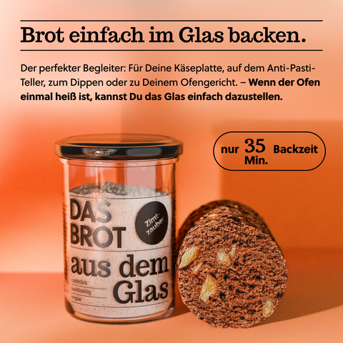 Glas mit Brotbackmischung "Das Brot aus dem Glas" und angeschnittenem Brotlaib. Perfekt für Käseplatten, Anti-Pasti und Ofengerichte. Backzeit: 35 Minuten.