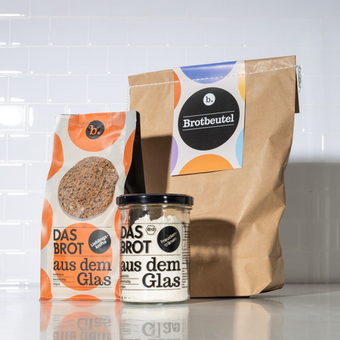 Brotbeutel mit Inhalt: Geschenkset - Backmischung im Glas & Nachfüllpaket