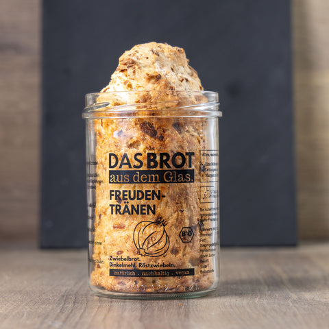 Bio Freudentränen Zwiebelbrot fertig gebackenes Brot im Glas